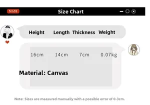 Size chart showing mini canvas crossbody bag dimensions: 16cm height and 14cm length