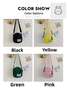 Detail showing mini canvas crossbody bags in four colors with cute rabbit embroidery