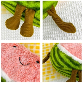 Detailed views of watermelon plush bag with soft fur texture and corduroy accents