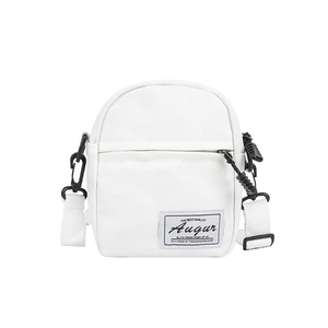 Mini white canvas crossbody bag for women with adjustable strap and front woven label