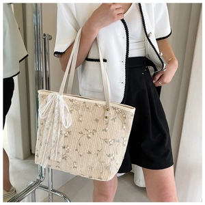 Close-up of beige straw tote bag with delicate floral embroidery and white lace bow