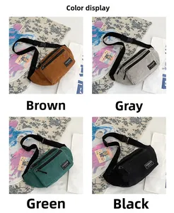 Detailed display of corduroy waist bags in brown, grey, green, and black color options