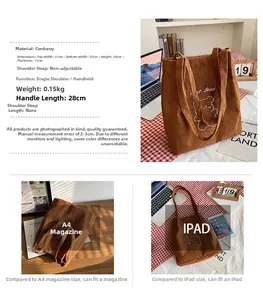 Tabella taglie dettagliata per borsa tote in velluto marrone con ricamo orsetto e testo