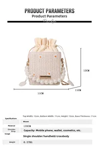 Detailed size specifications of cream straw bucket bag with daisy embroidery and pearl handle