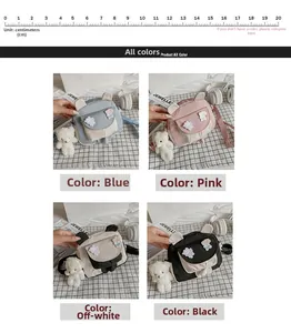 Detail of four colorful canvas crossbody bags with rabbit ears and plush bear charms
