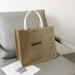 Jute Tote Bag Large Capacity Merci Printed Minimalist Canvas Shoulder Handbag For Women Shopping