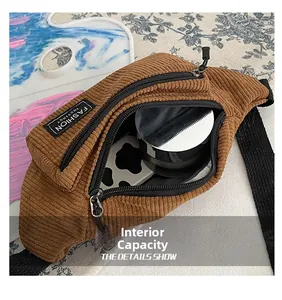 Internal capacity of brown corduroy chest bag showing space for phone and makeup