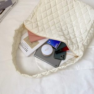 Cream quilted puffer tote bag with large capacity for laptop and daily essentials