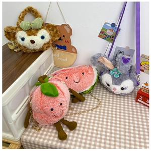 Selection of cute plush crossbody bags featuring cartoon animals and fruit shapes