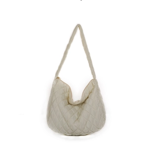 White quilted puffer tote bag with large capacity and gold zipper on white background