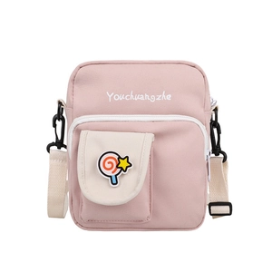 Pink canvas crossbody bag for women with cute cartoon patch and white flap pocket
