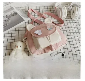 Detail presentation of small canvas crossbody bag with teddy bear charm and cute patches