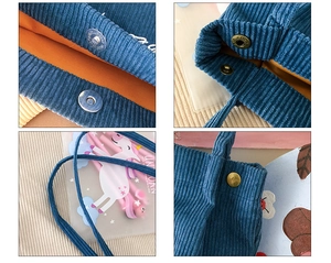Detail of blue corduroy tote bag with orange lining, magnetic clasp, and reinforced stitching