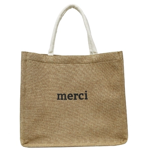 Large capacity jute tote bag with merci print and braided handles for shopping