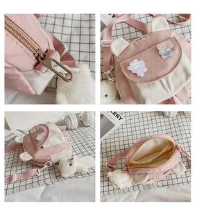 Detailed views of pink canvas bag showing metal zippers, interior pockets, and bear charm