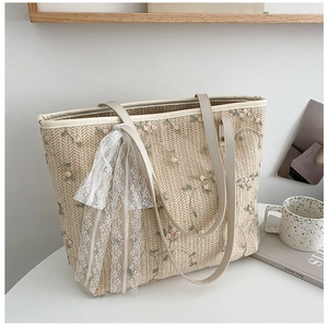Close-up of beige woven tote bag with floral embroidery and white lace ribbon detail