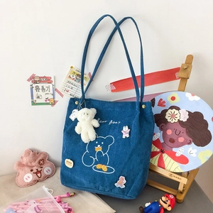 Corduroy Tote Bag Cartoon Bear Print Large Capacity Shoulder Handbag Kawaii Style For Women Students With Plush Charm