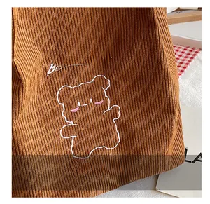 Dettaglio borsa in velluto a coste marrone con orsetto ricamato e scritta Beat Beat