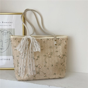 Women Straw Woven Tote Bag With Flower Embroidery Lace Bow Summer Beach Shoulder Handbag For Vacation