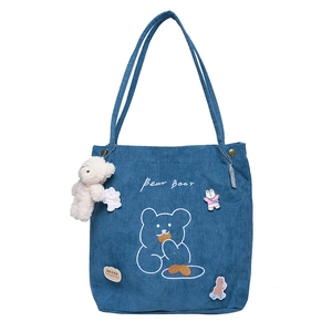 Cute dark blue corduroy tote bag with bear embroidery and cartoon pins in Japanese style