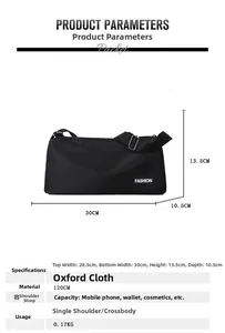 Guide des tailles détaillé pour sac bandoulière en oxford noir, dimensions 30x13,5x10,5cm