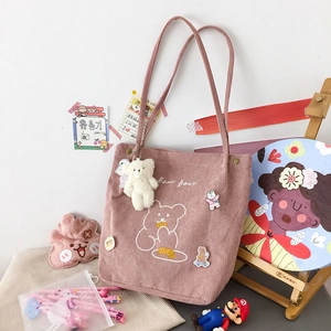 Sac fourre-tout rose en velours côtelé avec ours mignon et breloque en peluche