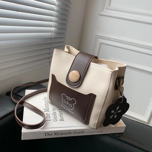 Cartoon Bear Contrast Color Shoulder Bag PU Leather Small Crossbody Bucket Handbag With Wooden Button For Women