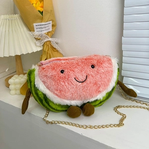 Watermelon Peach Shape Plush Crossbody Bag Cute Cartoon Fruit Shoulder Bag With Metal Chain For Women Girls
