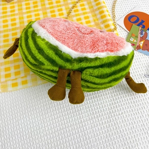 Creative watermelon plush crossbody bag with cute legs and golden metal chain strap