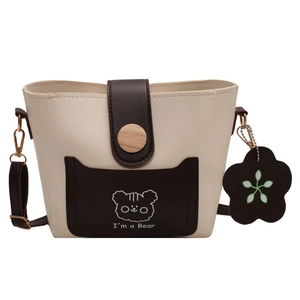 Floral bucket bag in beige and brown PU leather with a cute bear print and wooden button
