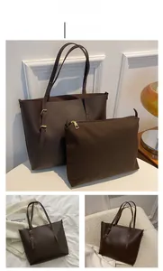 Detail shot of vintage coffee brown tote bag set with adjustable buckle and matching pouch