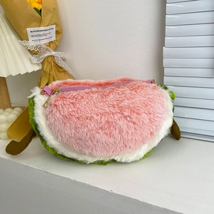 Cute watermelon shaped plush crossbody bag for women with soft faux fur and pink zipper