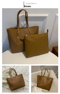 Brown faux leather tote bag and matching zipper pouch set with adjustable straps