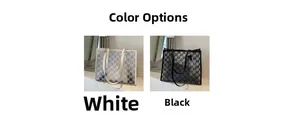 Detail view of large PU tote bags in white and black with M-letter monogram patterns