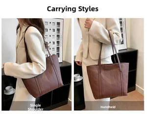 Detail view of brown textured tote bag showing shoulder and hand-held carrying styles
