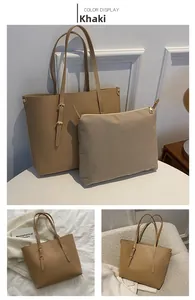 Detail view of khaki PU leather tote bag set including a large handbag and inner pouch