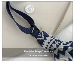 Détail de la boucle de sangle et du motif ethnique tissé sur le grand sac cabas