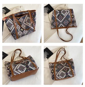 Detailed four-angle views of ethnic geometric woven tote bag with brown leather accents