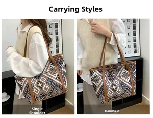 Detail view of colorful geometric woven tote bag showing both shoulder and hand carry styles