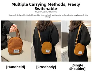 Detailed views of a mini brown corduroy crossbody bag showing multiple carrying styles