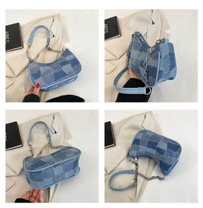 Detailed views of vintage patchwork denim baguette bag with silver chain strap