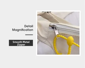 Gros plan sur la fermeture éclair fluide avec tirette jaune sur sac en toile beige