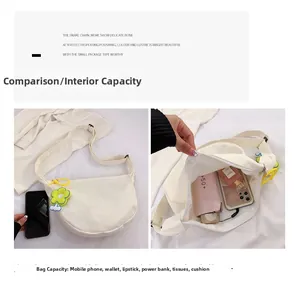 Sac demi-lune en toile blanche montrant l'espace pour téléphone, parapluie et cosmétiques