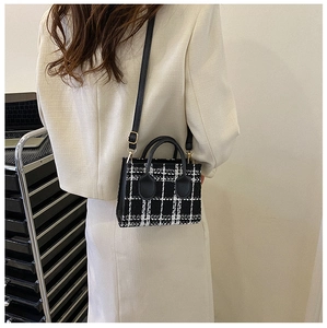 Nahaufnahme der Mini-Handtasche aus Tweed mit Karomuster und verstellbarem Riemen