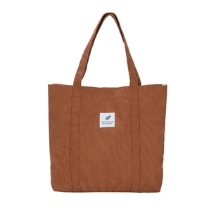 Retro braune Cord-Tragetasche für Damen mit minimalistischem Aufnäher und langem Schultergurt