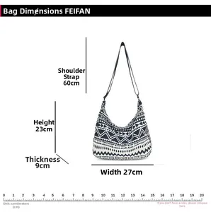 Detailed size chart showing dimensions for the blue geometric canvas tote bag