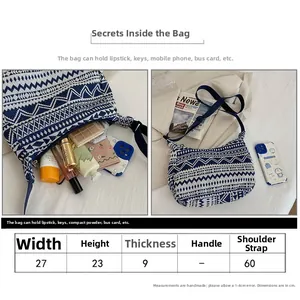 Detailed size chart and internal capacity view of the blue ethnic knit shoulder bag