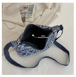 Internal view of large capacity canvas crossbody bag with blue geometric pattern