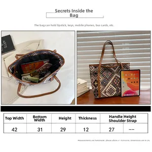 Detailed size chart for large ethnic tote bag with precise measurements in centimeters