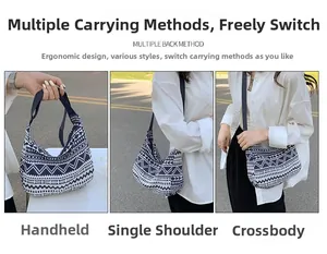 Three-way canvas hobo bag with ethnic geometric patterns showing shoulder and crossbody use